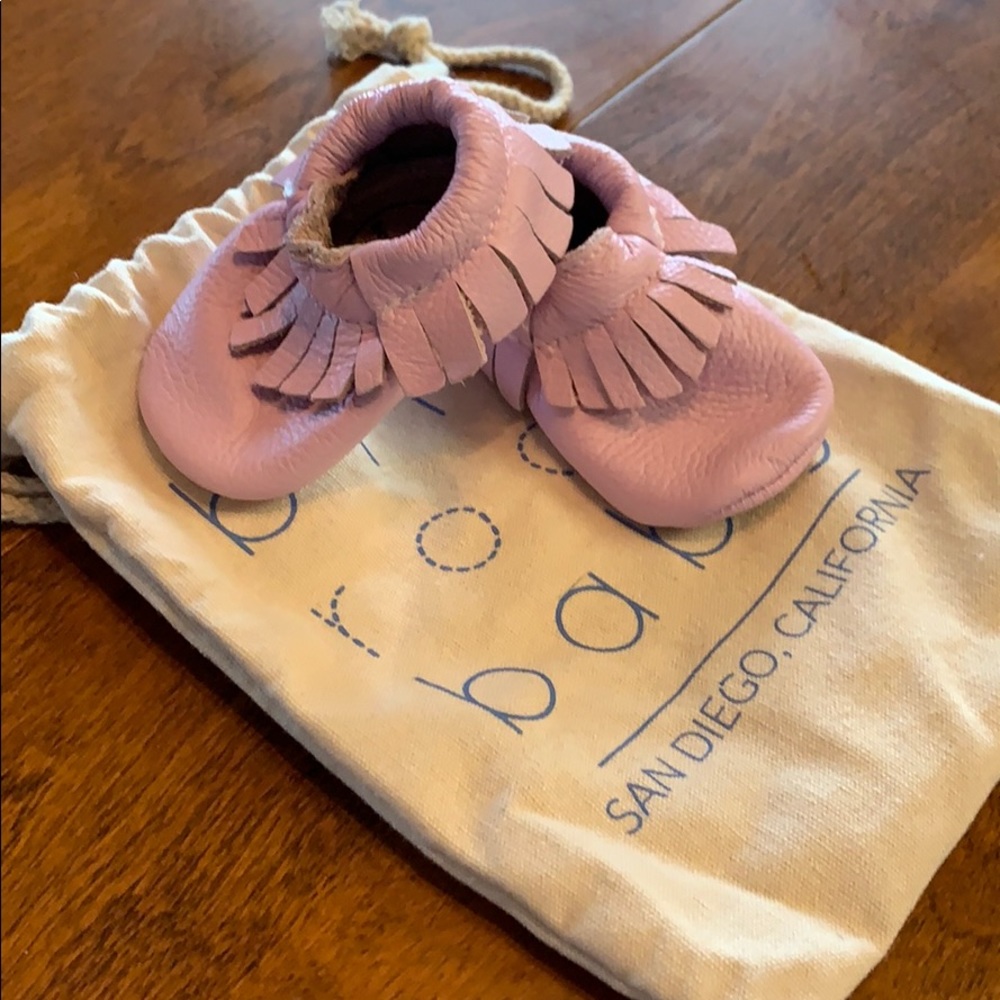 Pink leather fringe moccasins size 3 baby